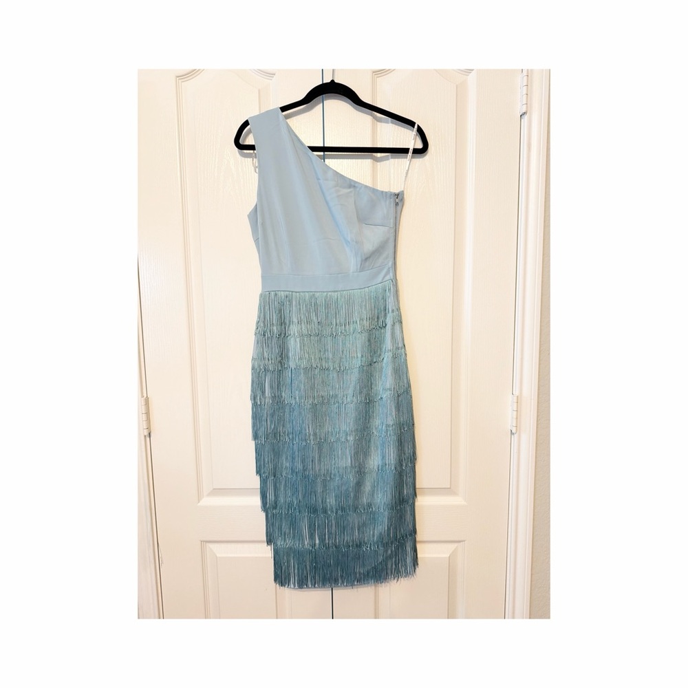 Lavish Alice Light Blue One-Shoulder Fringe Dress
